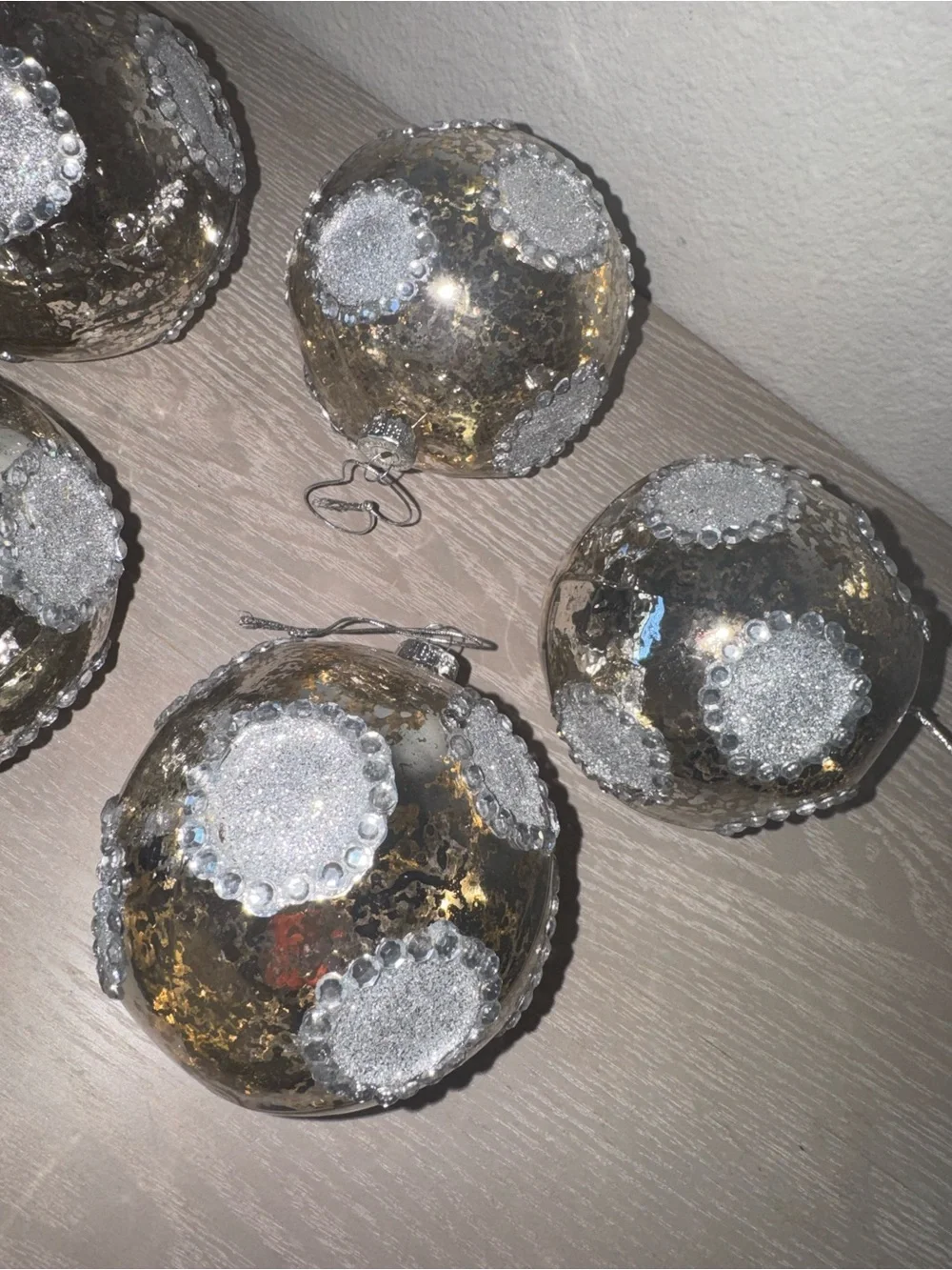 Silver mercury glass, Christmas ornament with beaded crystal set of 5